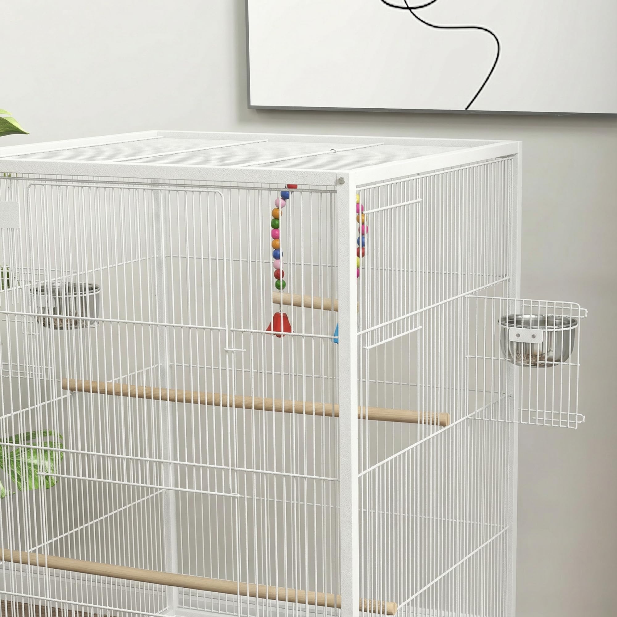 PawHut Jaula para Pájaros con Ruedas, Pajarera de Acero con Perchas, Columpio Bandeja Extraíble y Cuencos de Acero Inoxidable, Jaula Grande para Loros, Canario, Periquito, 48x46x78 cm, Blanco