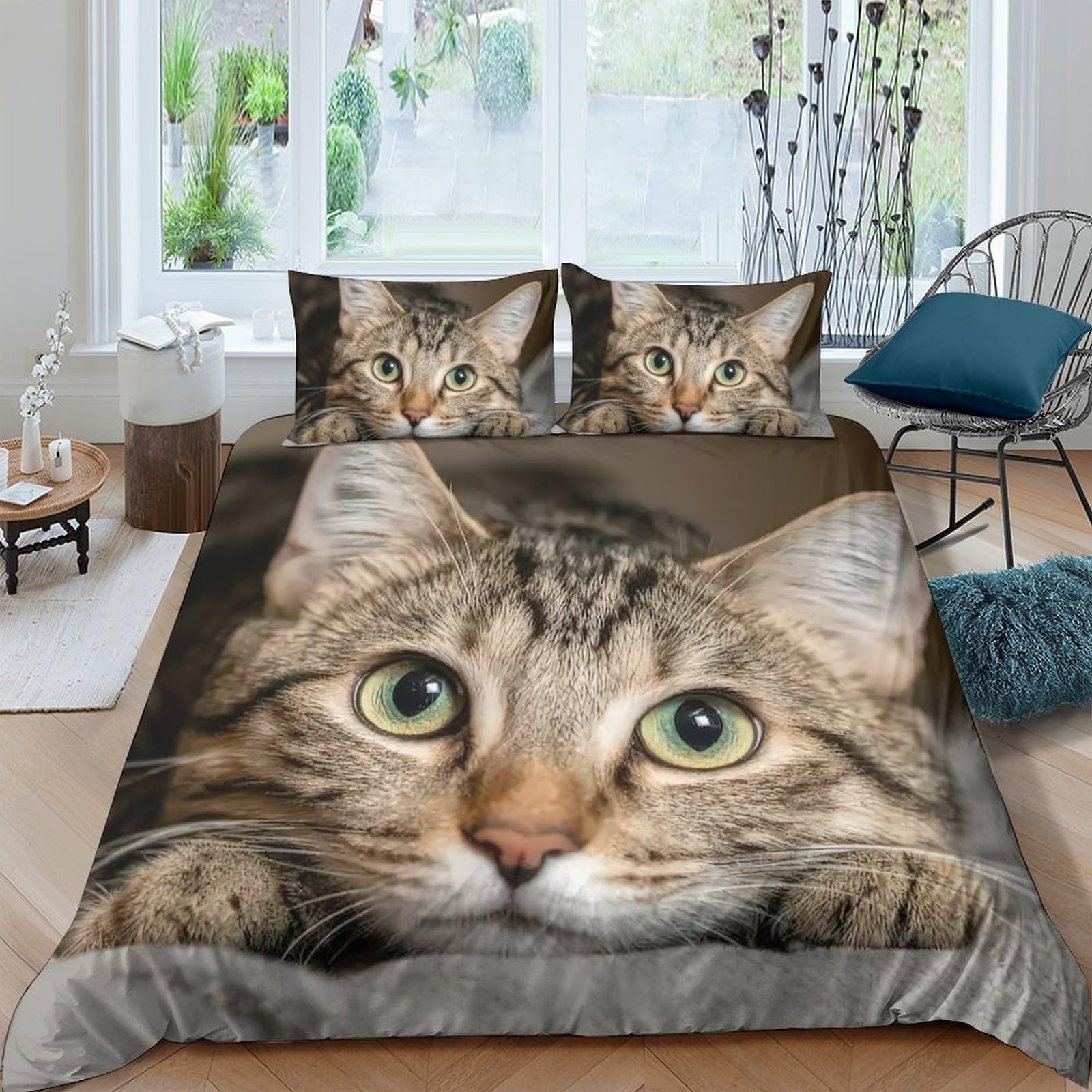 GPLZQXKJNH 3D Printed Tabby Cat Duvet Cover Microfiber Soft Breathable Realistic Animal Face Bedding Set with 2 Pillowcases for Bedroom Decor Single（135x200cm）