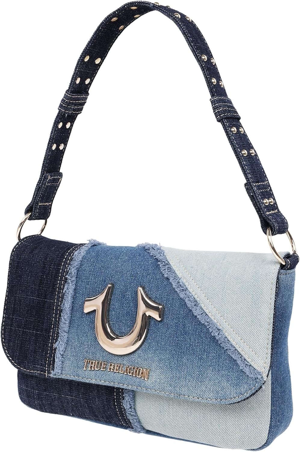 True Religion Women's Hobo Bag, Frayed Denim Horseshoe Shoulder Purse Handbag with Chain Strap, Denim Blue