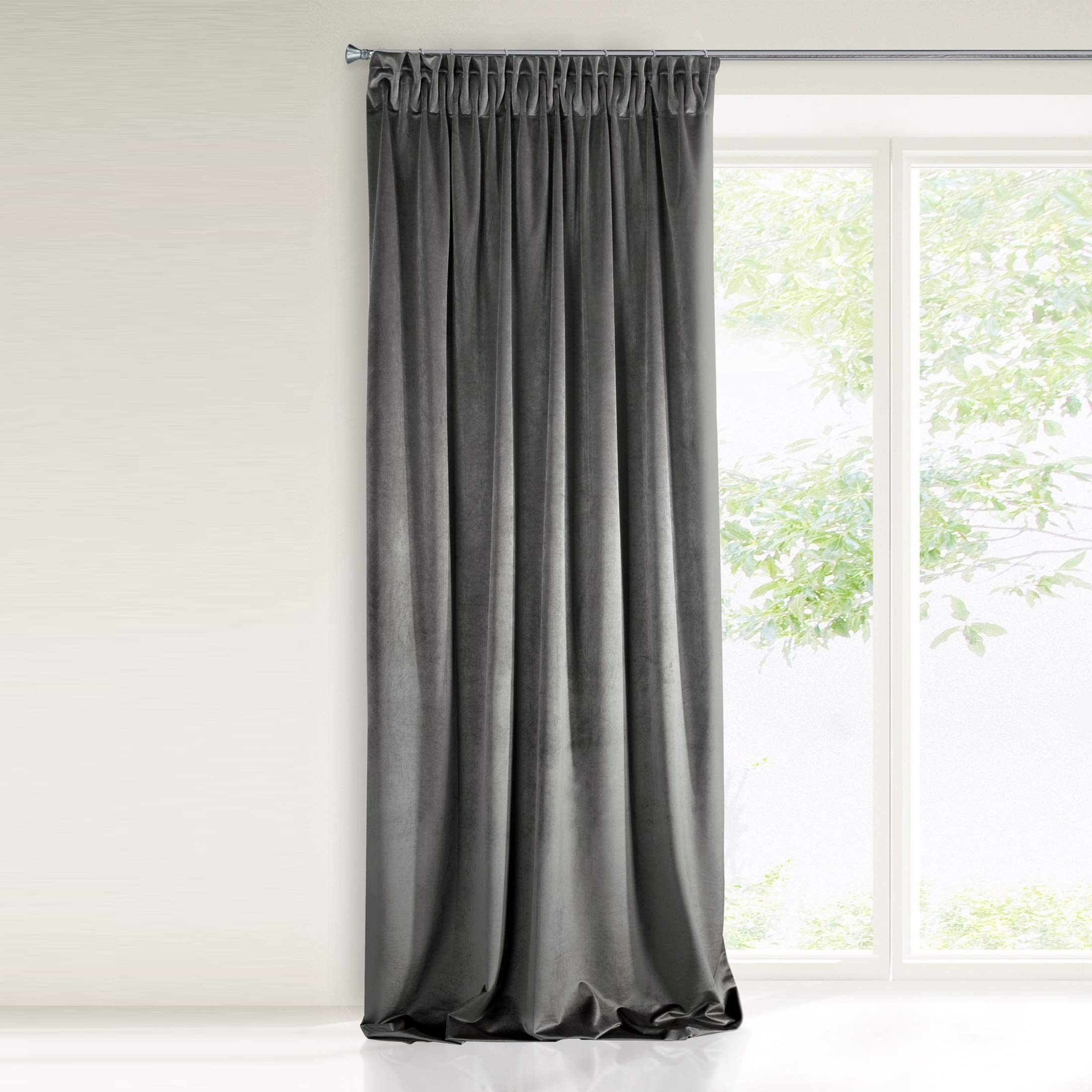 EurofiranyVILLA Soft Plain Opaque Velvet Curtain with Rufflette Tape For Rail - 1 Unit, Fluffy Panel Drape Classic Glamour Elegant Living Room, Bedroom, 290 g/m2, W55 x L106, Graphite Grey