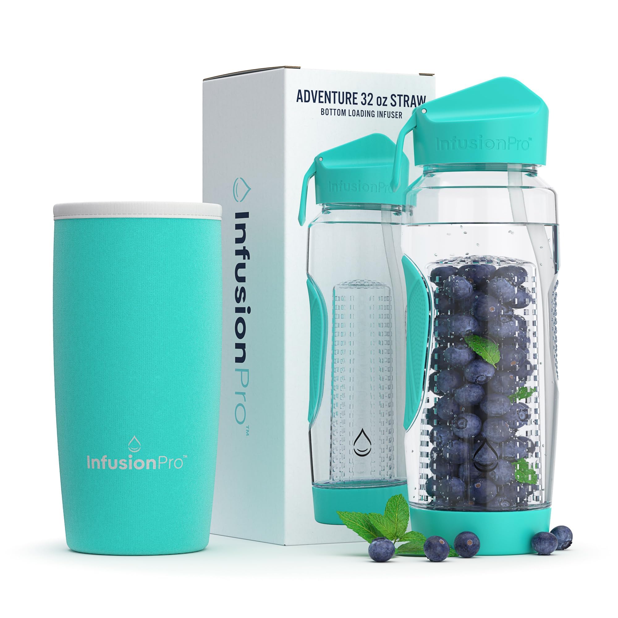 Infusion Pro 32 oz Fruit Infuser Water Bottle with Straw Lid : Insulated Sleeve : 50 Recipe Fruit Infusion eBook : Bottom Loading, Large Water Infuser for More Flavor : Unique Gift Idea