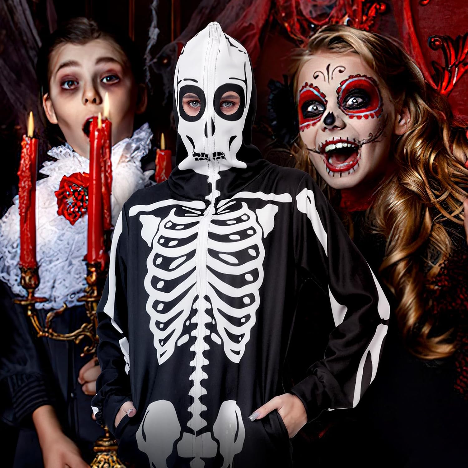 Adult Onesie Skeleton Costume Women Front and Back Bone Print Halloween Skeleton Jumpsuit Men with Zipper Hooded