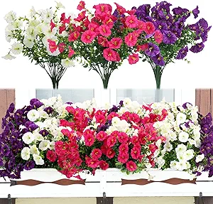 9 Bundles Artificial Flowers for Outdoors, UV Resistant Artificial Outdoor Plants Fake Flowers Outside – Realistic Faux Petunias Silk Flowers for Garden Porch Balcony Indoor Decor