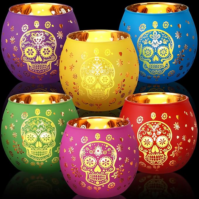6 Pcs Votive Candle Holder Glass Votive Holder Flameless Candles with 6 Laser Engraving Patterns for Party Decor(Multicolor,Sugar Skull)