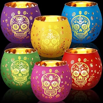 Jingmore 6 Pcs Glass Votive Holders, Sugar Skull, Multicolor