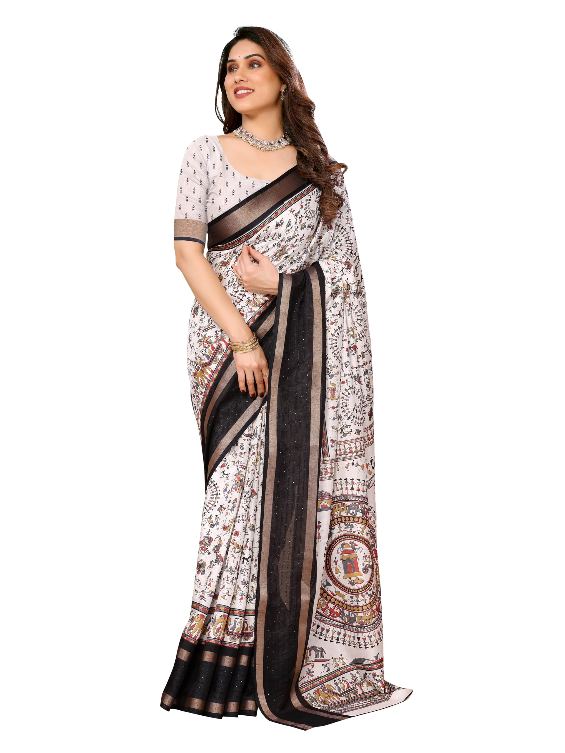 stylescope Women's Printed Dola Silk Sequence Boarder Warli Art Saree With Unstitched Blouse Piece (Warli Sequence)-picture-34