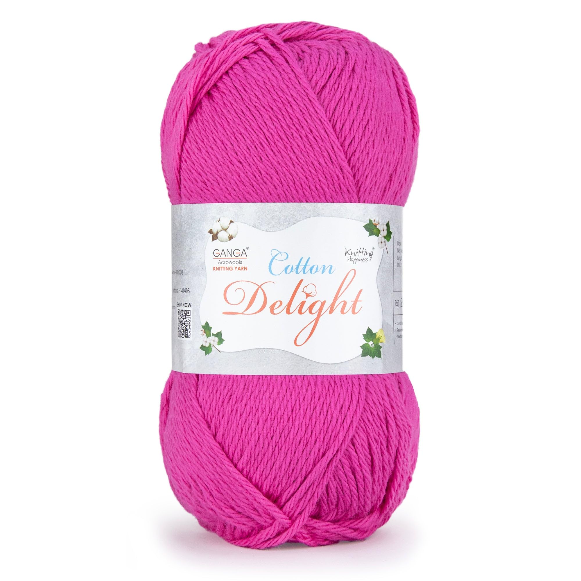 Ganga Acrowools Cotton Delight, Dk Weight Cotton Yarn, Oekotex Class L Certified 100G, 169M, Pack of 1 Ball - 100gm Each, Shade No. - COD063 - Poppy Pink