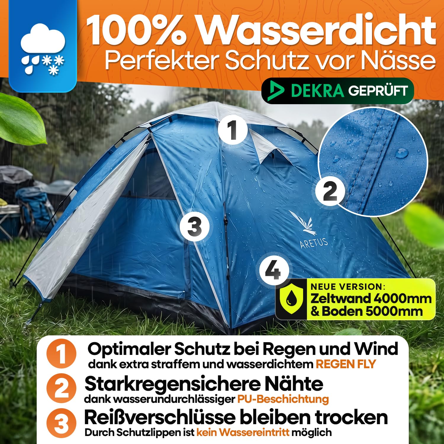 Aretus Wurfzelt - extra wasserdicht & stabil, schneller Auf & Abbau in 45 Sekunden | Wurfzelt 2 Personen wasserdicht, Wurfzelt 3 Personen, Wurfzelt 4 Personen, Pop Up Zelt 4 Personen. 3 Personen Zelt