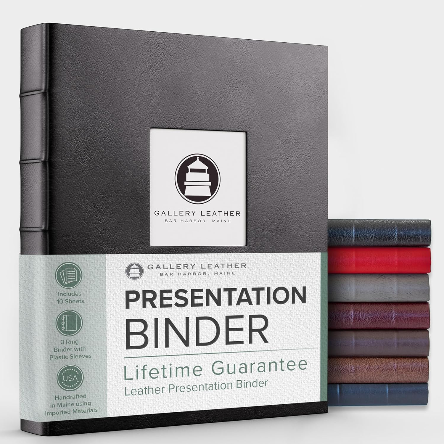 Gallery Leather 3 Ring Binder with Plastic Sleeves, includes 10 Sheets, Sheet Size: 8.5 x 11 - Presentation Binder Rings with Window and Hubbed Spine, Thick: 1.25 Freeport Black