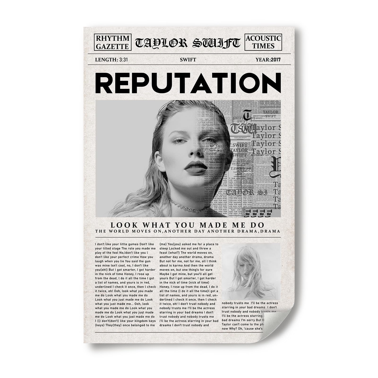 Vintage Newspaper Taylor Music Album Poster Reputation The Cover