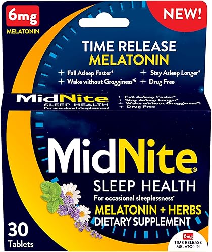 MidNite Dosis media de liberación prolongada, 6 mg de ayuda para dormir de melatonina, sin hábito, suplemento dietético de hierbas para adultos, sin