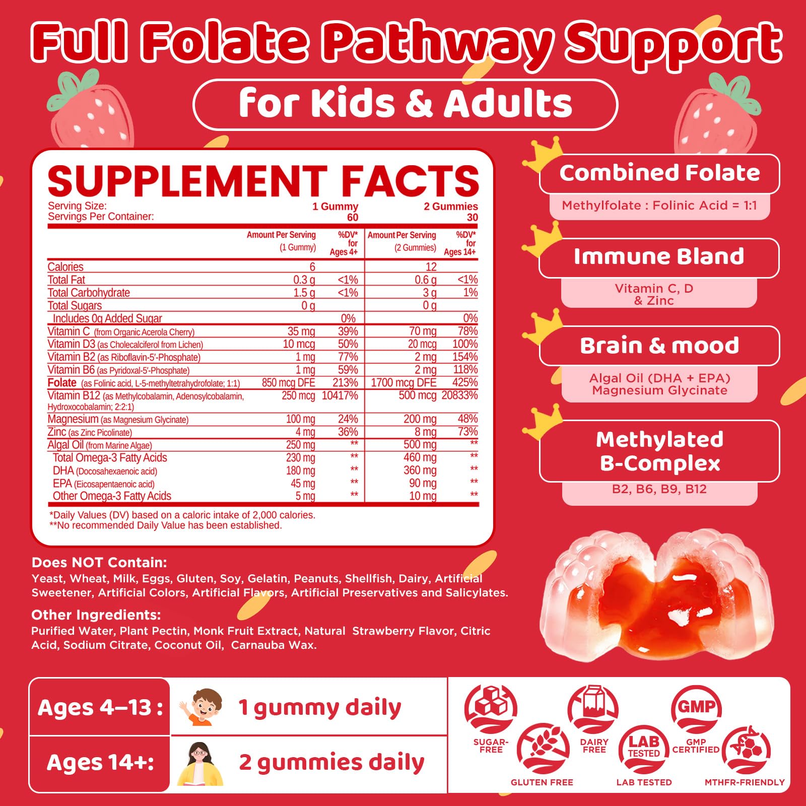 Active Folate Gummies 1mg, Folinic Acid & Methylfolate for Kids and Adults, Folic Acid Alternative, Complete Folate with Methylated B12, Magnesium, Omega-3, Vitamin C, D3 & Zinc, Sugar Free, 60 CT — Amazon image 3