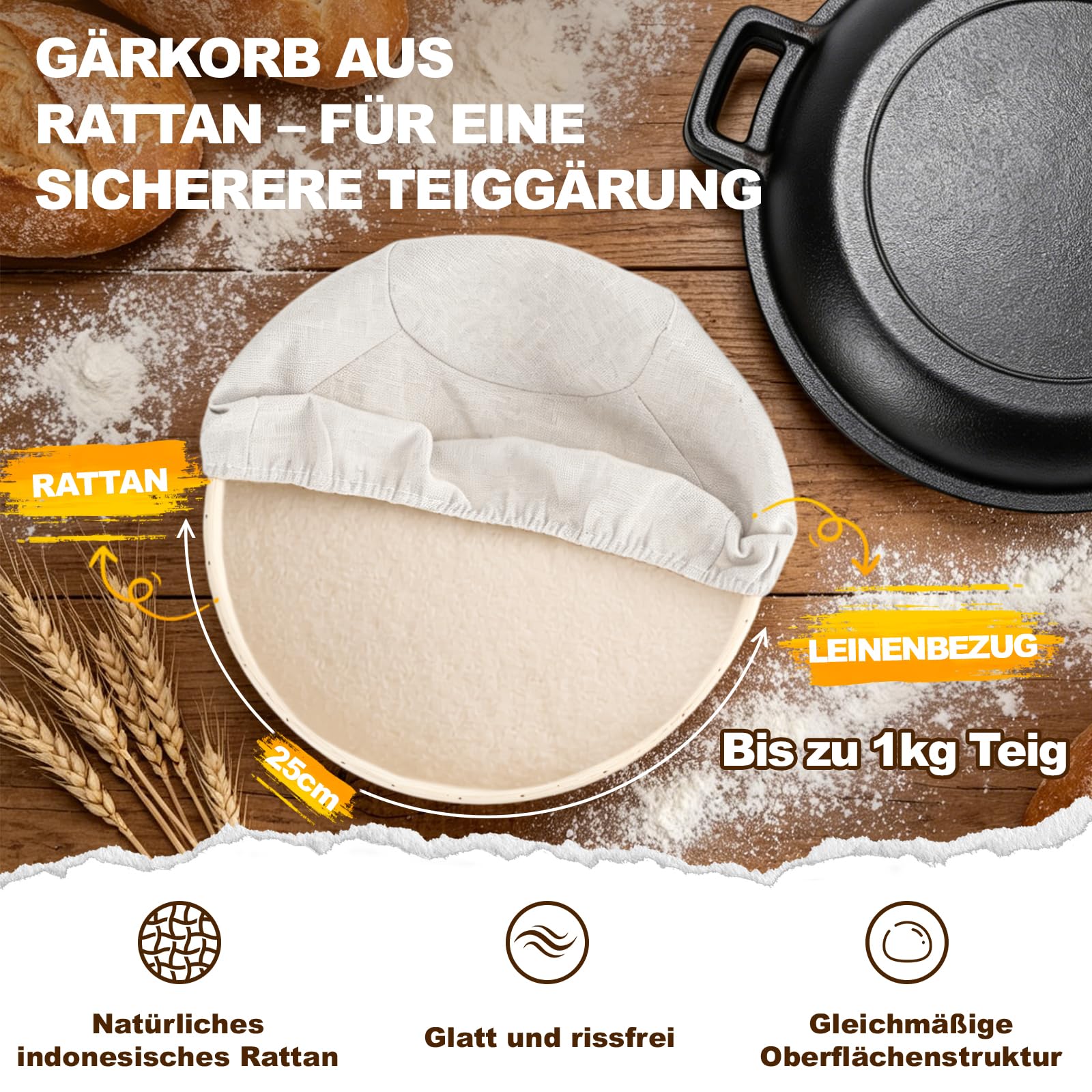 Gusseisen Topf Brot Backen 26cm mit Sauerteig Starter Set | Brotbackset Sauerteig inkl. Gärkörbchen aus Rattan(25cm rund), Gärglas & Zubehör – Brotbackform mit Deckel(Dutch Oven)