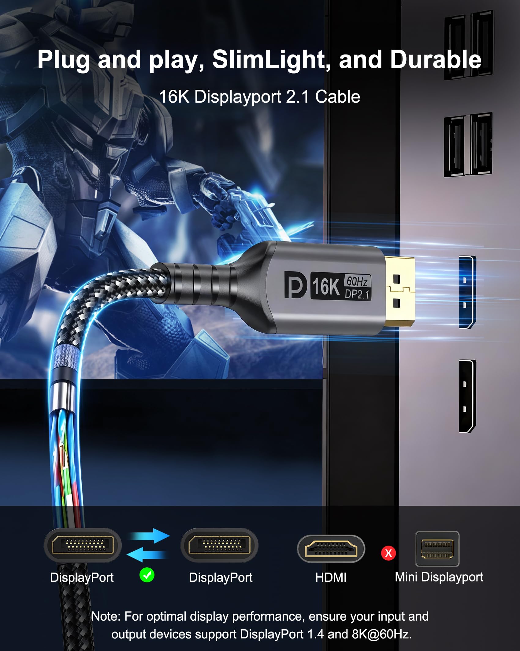 Kabel 16K DisplayPort 3 m - DP 2.1 kabel do gier, HDR, dynamicznego HDR10+, 16K przy 60 Hz, 8K przy 120 Hz, 4K przy 240 Hz, kompatybilny z monitorem gier, laptopem, kartą graficzną, HDTV