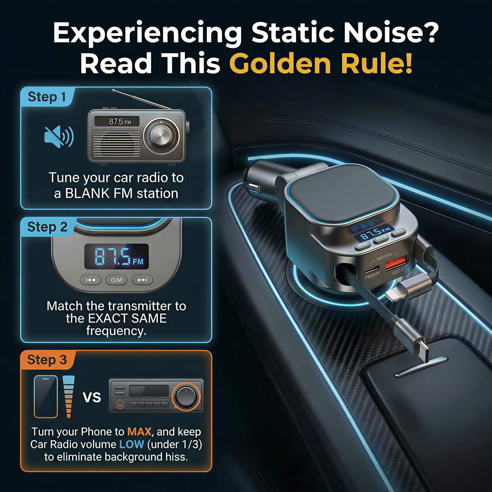 96 W auto retrattile caricabatterie con adattatore per auto Bluetooth, ricarica rapida 4 in 1, trasmettitore radio Bluetooth 5.3 FM, chiamate in vivavoce, adattatore per caricabatterie da auto USB C