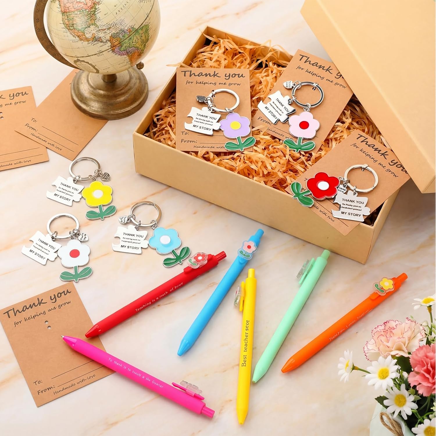Harloon 24 Sets Teacher Appreciation Gifts Keychains Bulk Thank You for Helping Me Grow Keychains with Thank You Cards Daycare End of Year Teacher Gifts Flower Ballpoint Pen for Kindergarten Preschool