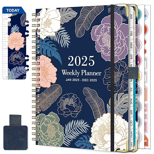 NEYSA Agenda 2025 Semainier Spirale de Janvier à Décembre 2025 (12 mois) A5 Agenda Scolaire Avec boucle de stylo,Règle Signet &amp; Autocollants de plan (Bleu foncé)