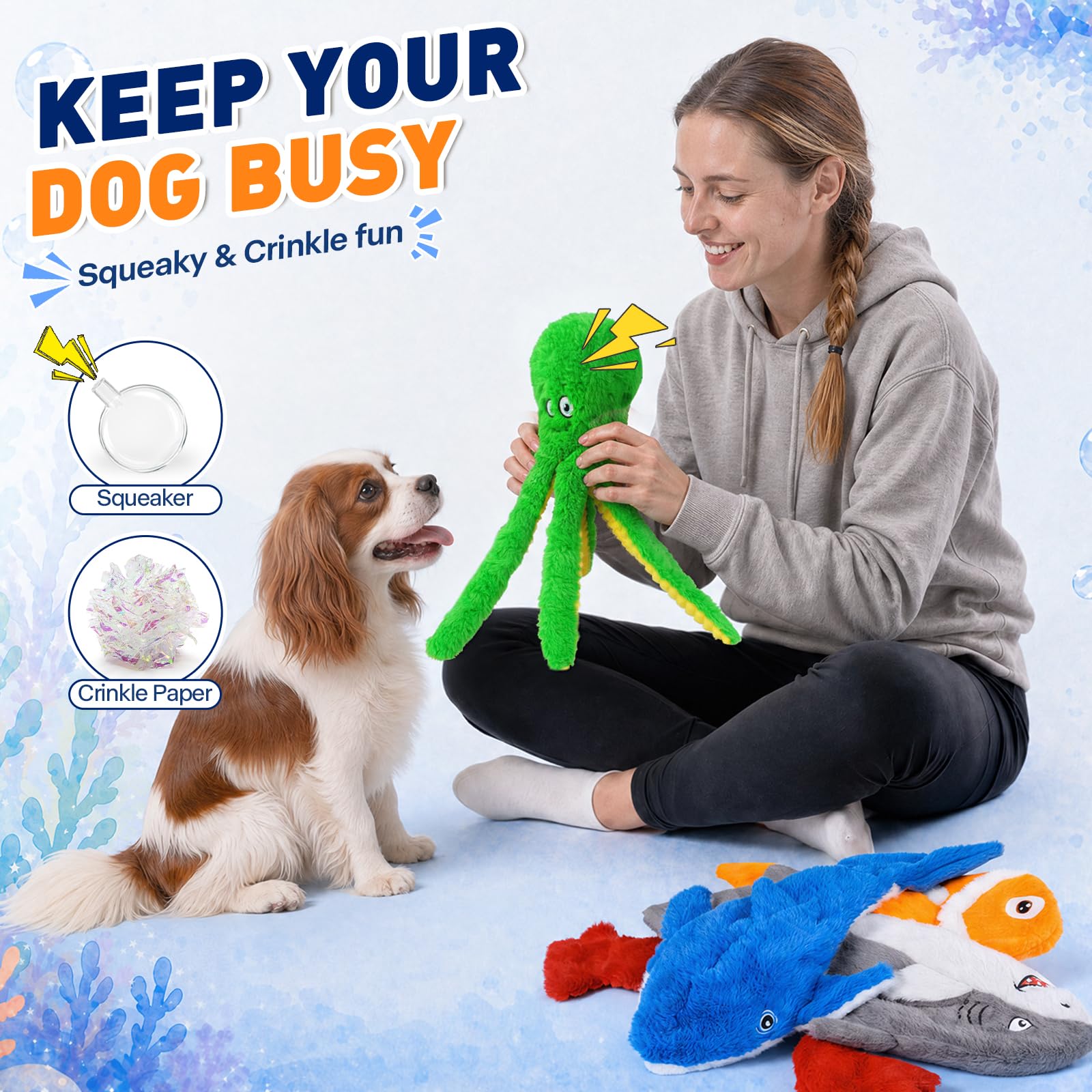 No Stuffing Squeaky Dog Toys - 5 Ocean Animal Set -4