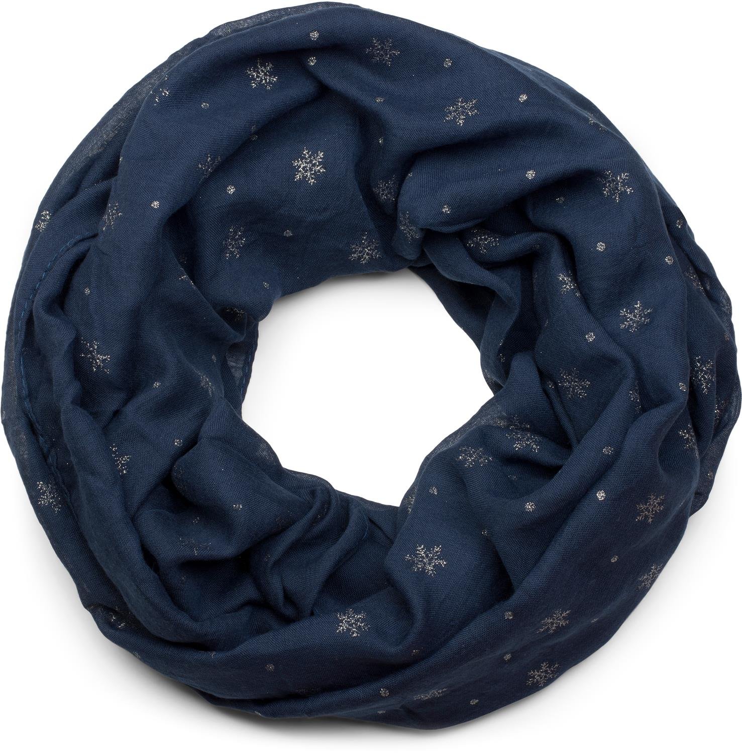 styleBREAKER Ladies Loop Scarf with Glitter Snowflake Print, Soft Tubular Scarf Unicoloured, Shawl 01017064, Colour:Dark Blue