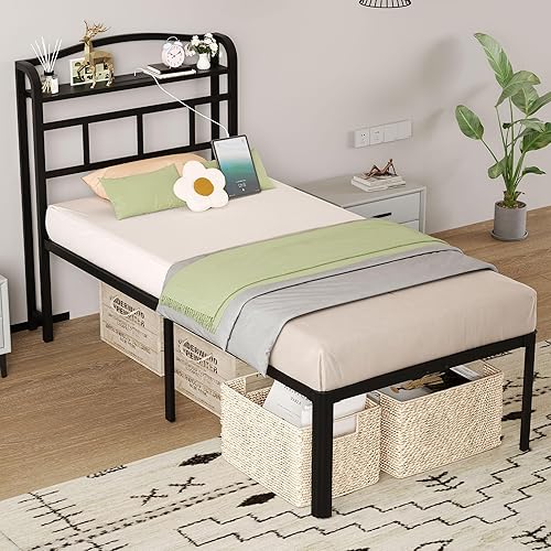 Miniatura 7 de Base de cama de metal de 18 pulgadas, base de colchón básica de plataforma resistente de color negro con cabecera y estación de carga, no necesita