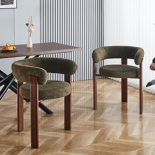 Boucle Dining Chairs Set of 2, Mid Century Modern Dining Chairs with Curved Backrest, Round Upholstered Living Room Kitchen Dining Room Chairs with Metal Legs, Green