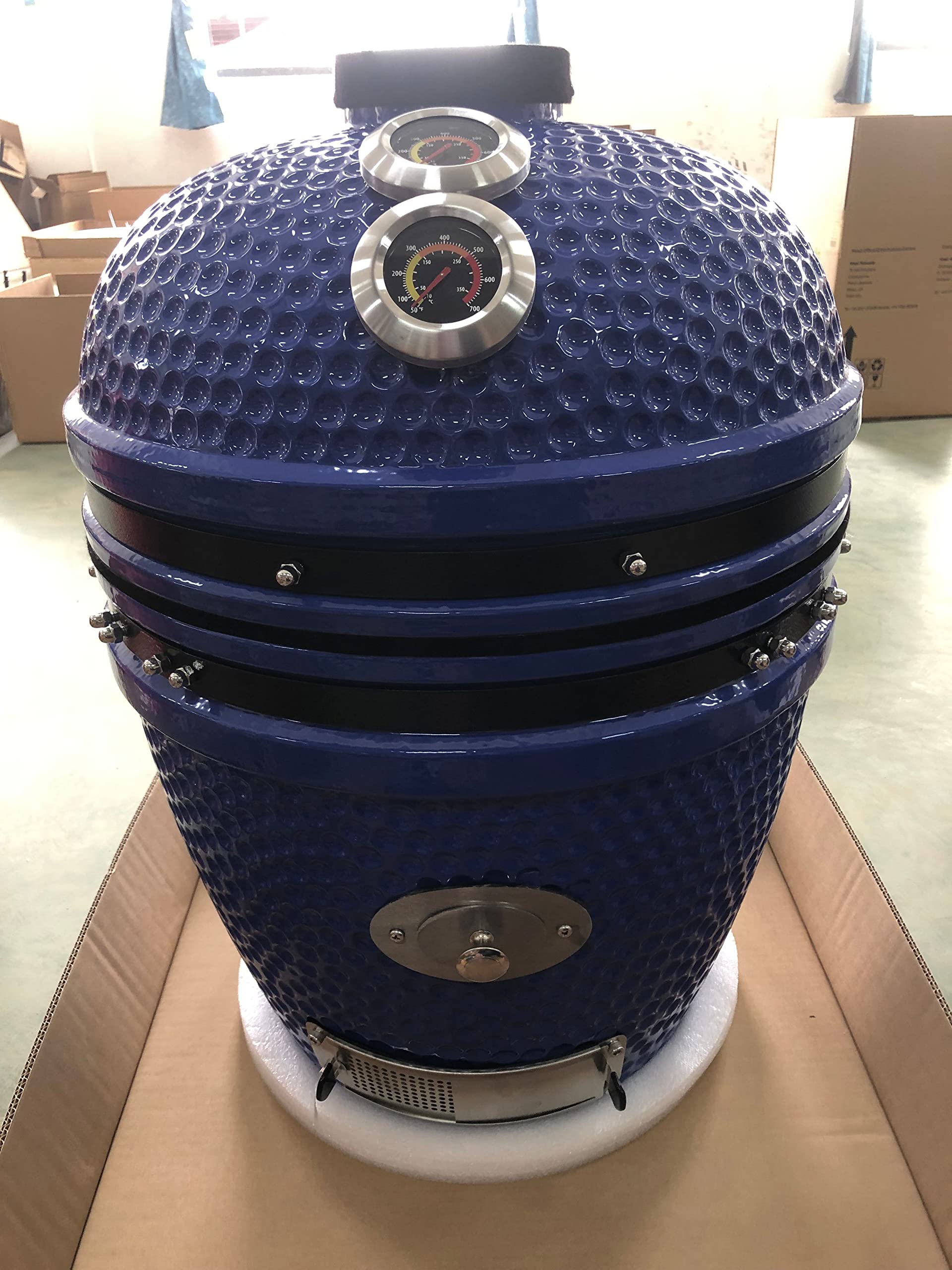 YNNI KAMADO TQTT18BU duży zestaw kamado, grill 45 cm, niebieski podwójny termometr z podajnikiem chipów, dziel i podbijaj, pokrywa, cyfrowy termometr, ceramika, jajko, palacz, TQTT18BU