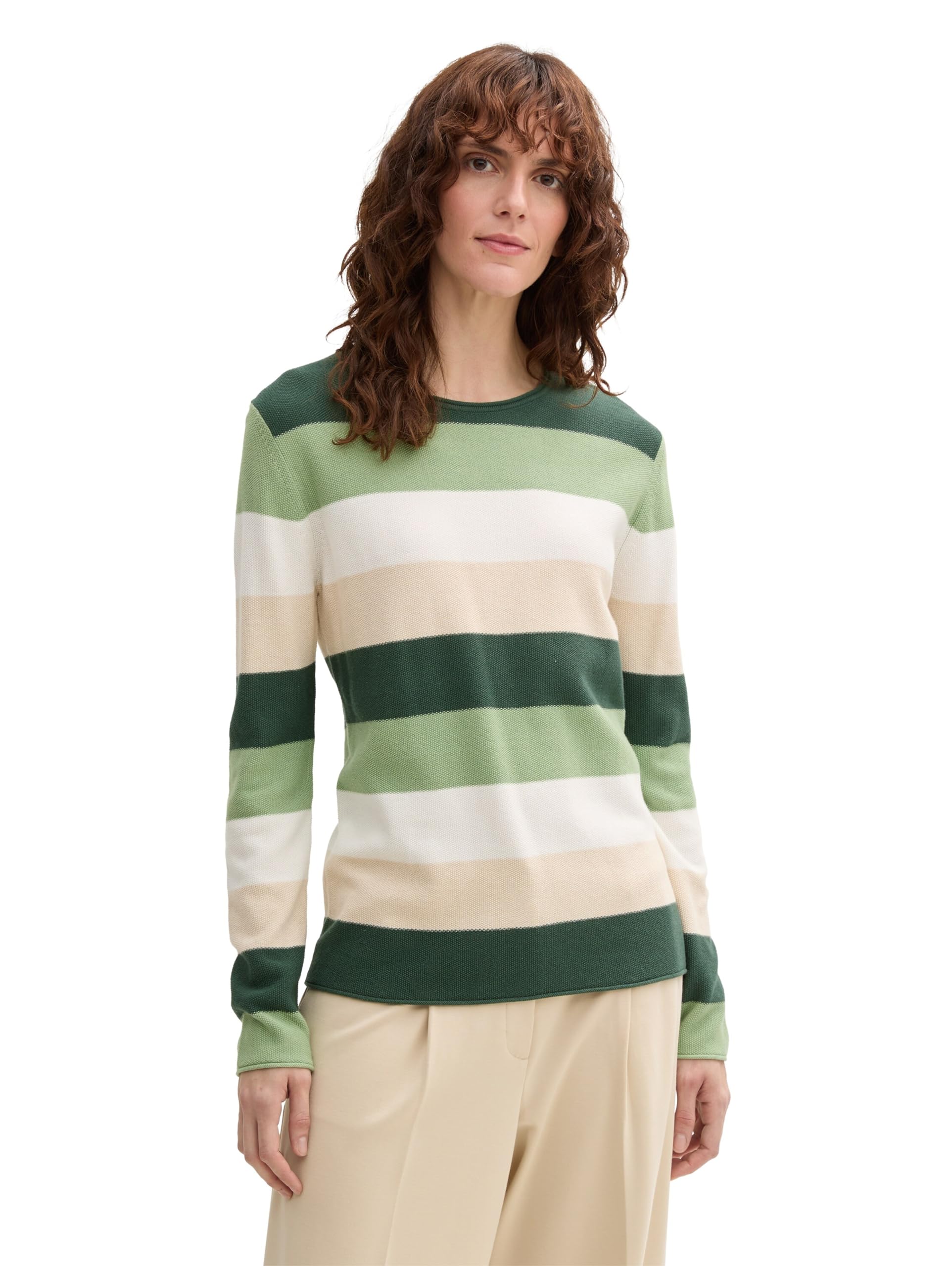 Tom Tailor Damen Strickpullover mit Rundhals, 37226 - Green Beige Block Stripe, XL