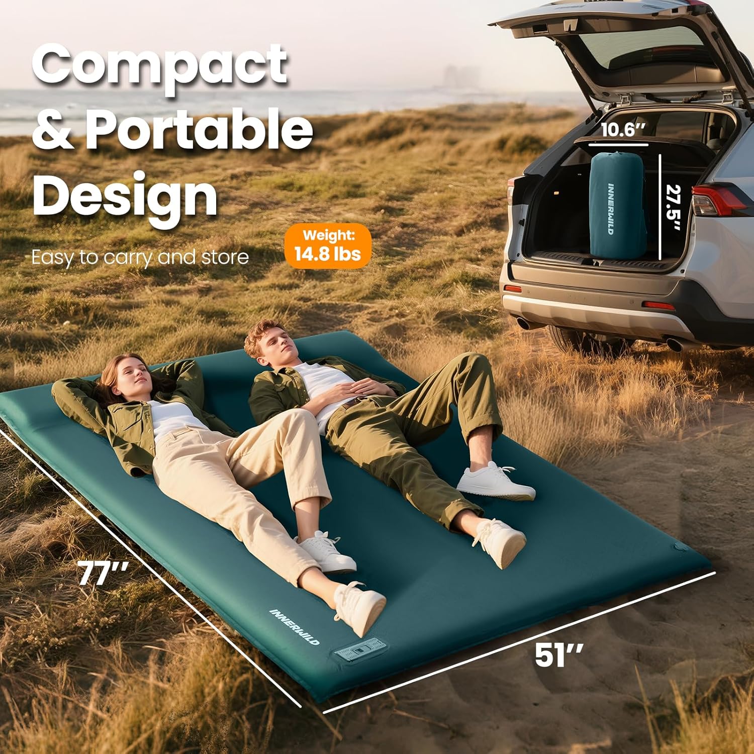 Double Camping Sleeping Pad with Electric Pump, 3.15" Thick 2 Person Self Inflating Memory Foam Mattress Pad with Pillow, Portable Sleeping Mat for Travel, Car, Tent- Dark Green, Full Size