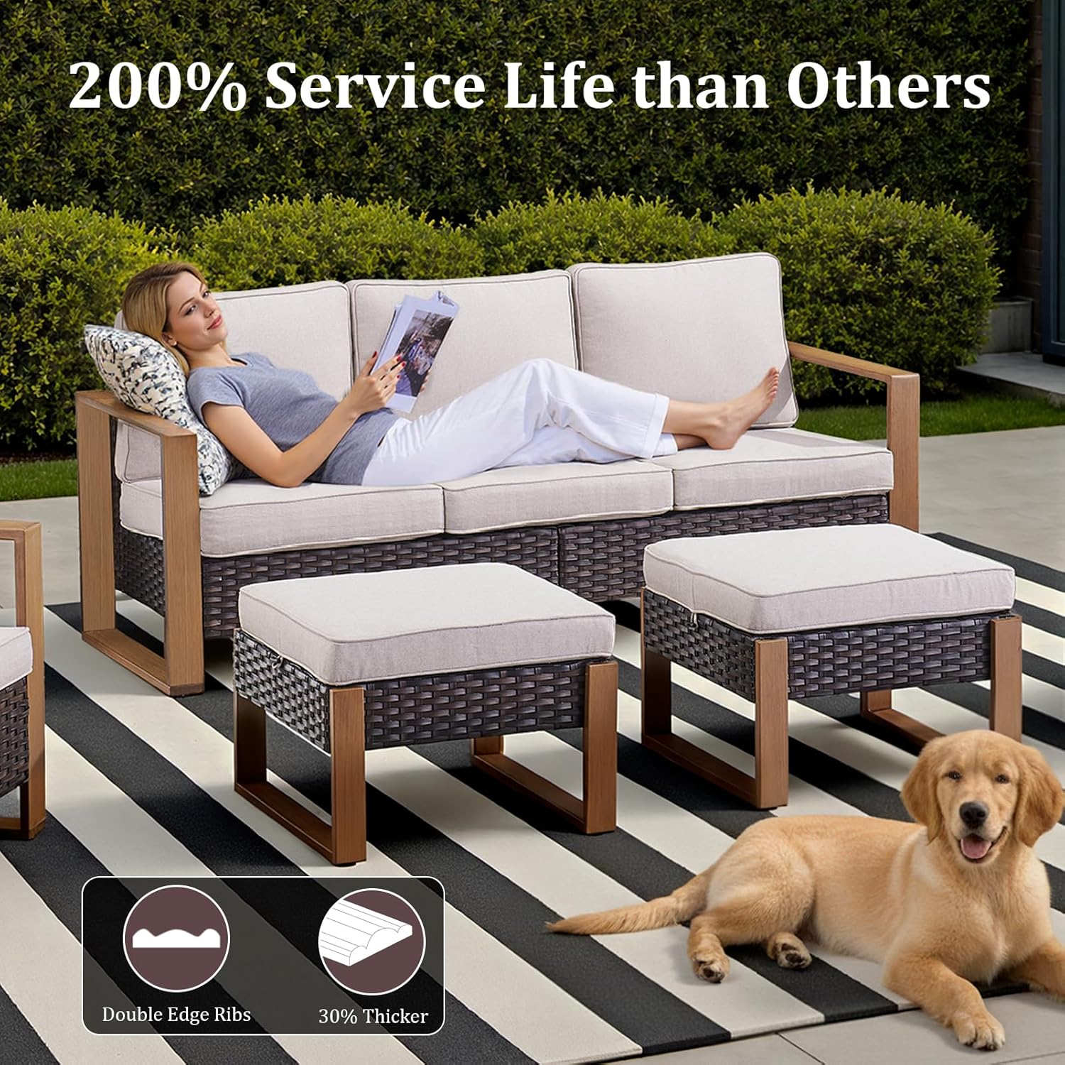 High Back Patio Furniture Set with Fire Pit Table, 4-Pieces Outdoor Furniture with Metal Arm Swivel Chairs, Wicker Conversation Set for Porch, Balcony, Deck and Yard, Beige
