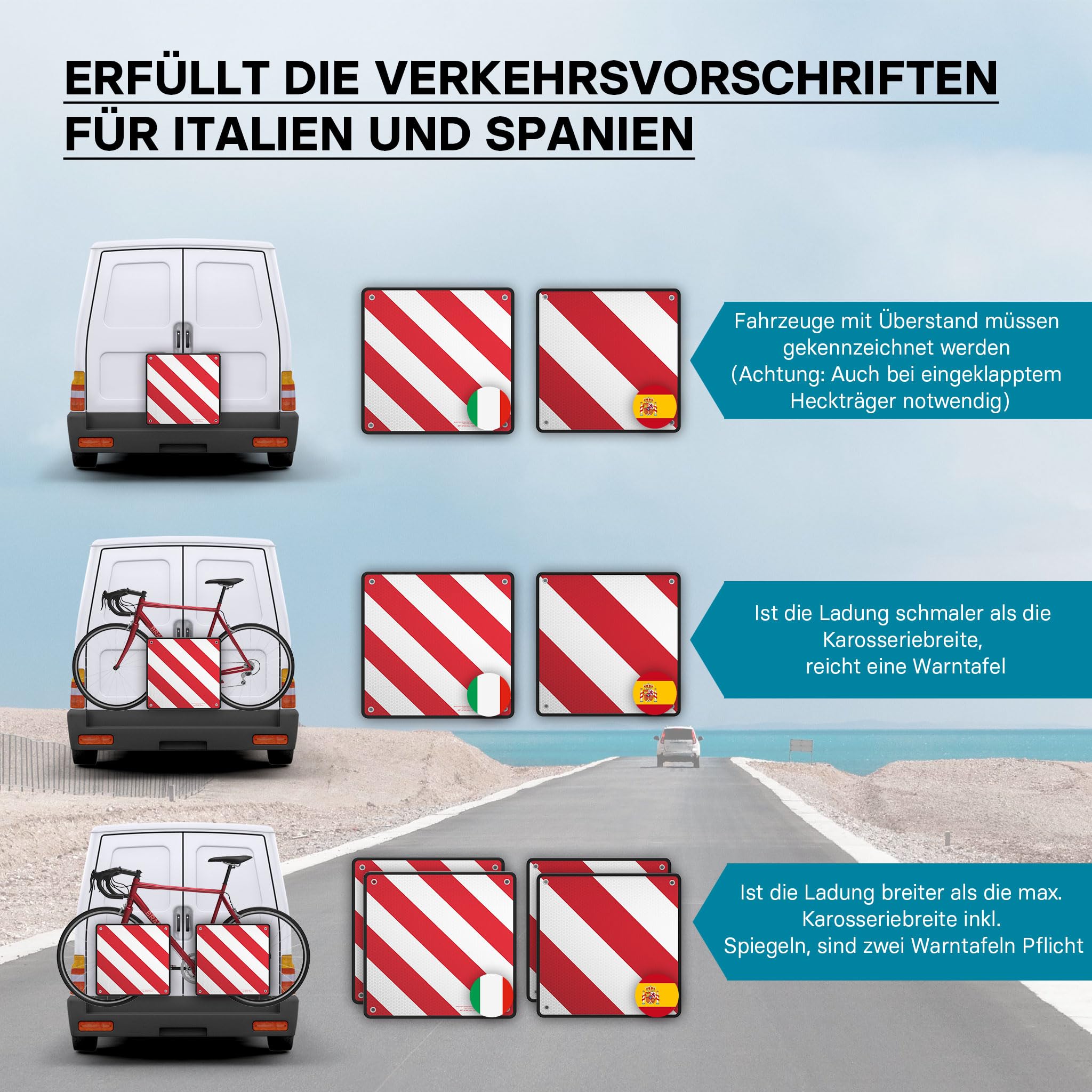Wiltec 2in1 rot weiße Warntafel Spanien und Italien aus Aluminium mit Befestigungslöchern 500x500 mm reflektierend Warnschild für Fahrradträger und Heckträger zur Kennzeichnung überstehender Ladung