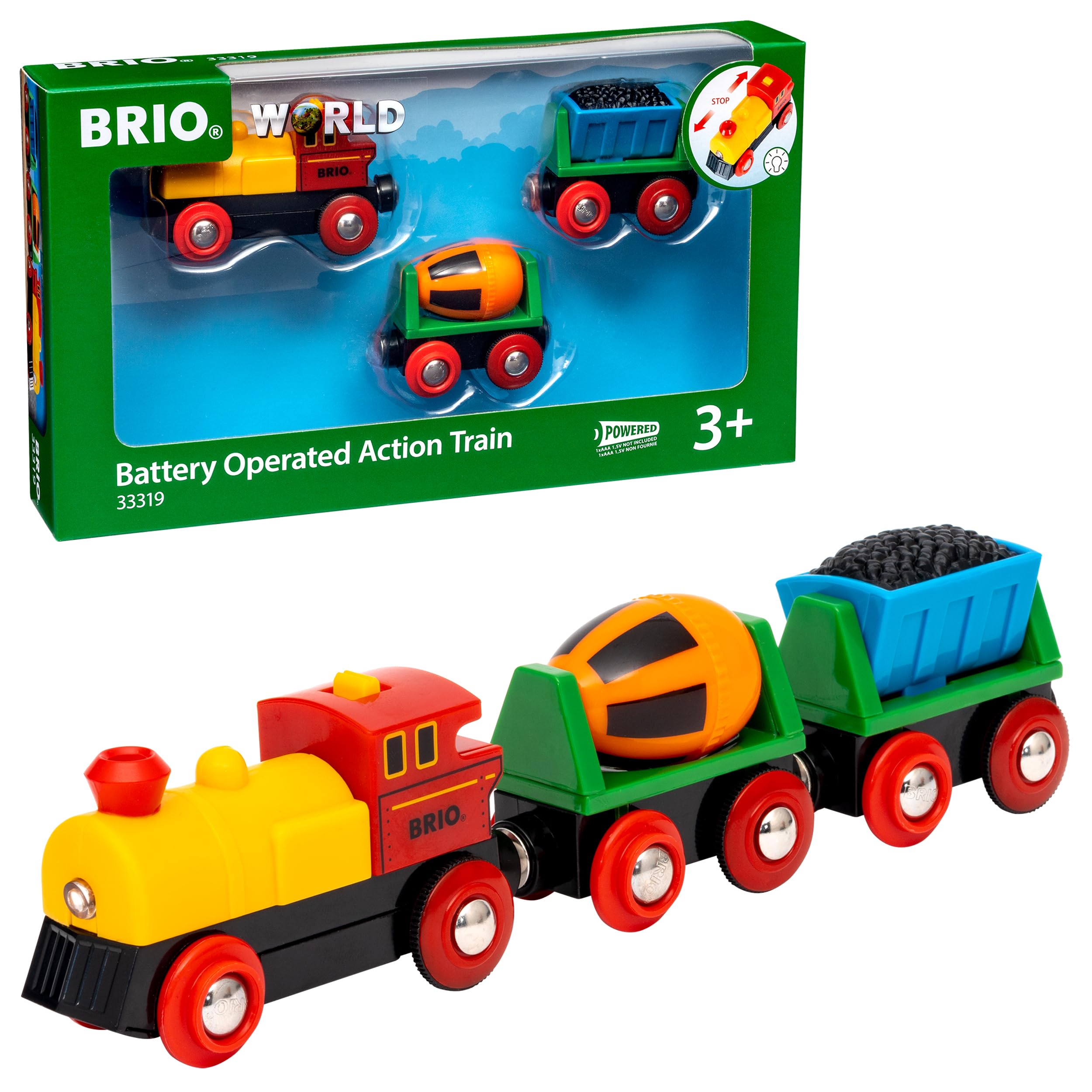 BRIO World 33319 Zug mit Batterielok - Mit beweglichem Kohlewaggon und rotierendem Zementwaggon - Geeignet für Kinder ab 3 Jahren