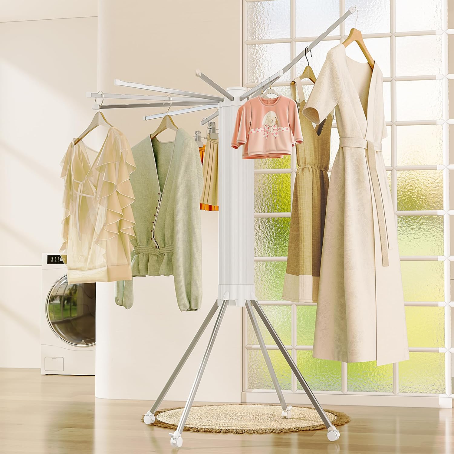 JOOM 4 Legs Double Layer Clothes Drying Rack, Garment Rack Portable and Foldable Space Saving Laundry Drying Rack - Drying Rack Clothing Floor Folding Balcony Bedroom Household Aluminum