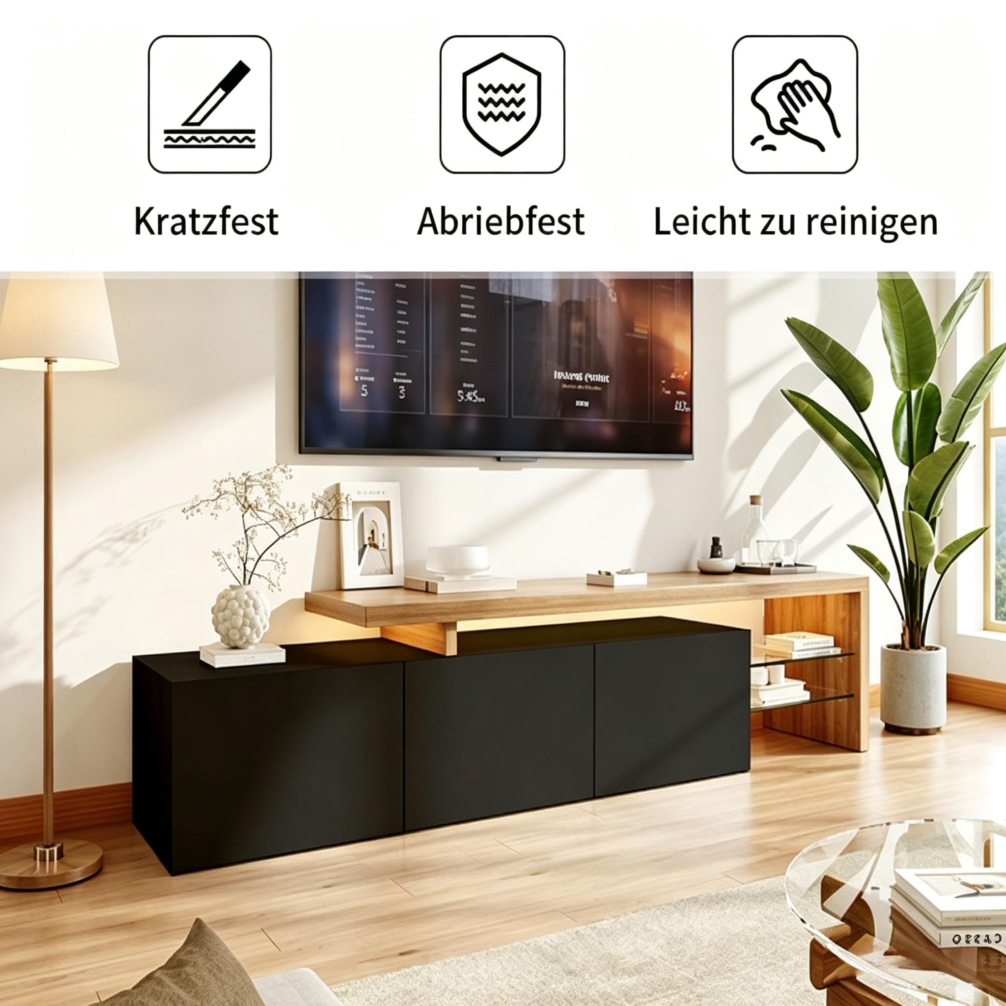Mueble de TV Modular con Iluminación LED, Mueble de TV Moderno con 3 Puertas y 2 Estantes Abiertos de Vidrio, Mueble Bajo para TV Armario de Almacenamiento Elegante para Salón (Negro-3, 200x39x42)