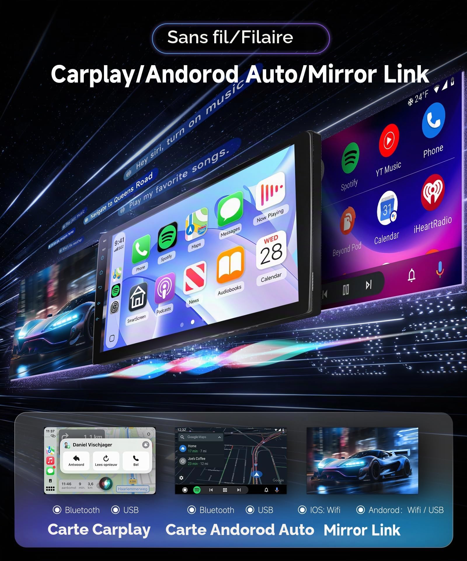 Hodozzy Autoradio pour Peugeot 307 2002-2013 avec CarPlay sans Fil Android Auto, 9 Pouce Touchsreen avec Bluetooth/RDS Radio/SWC/GPS/Youtube/USB/V-Link/+Caméra de Recul