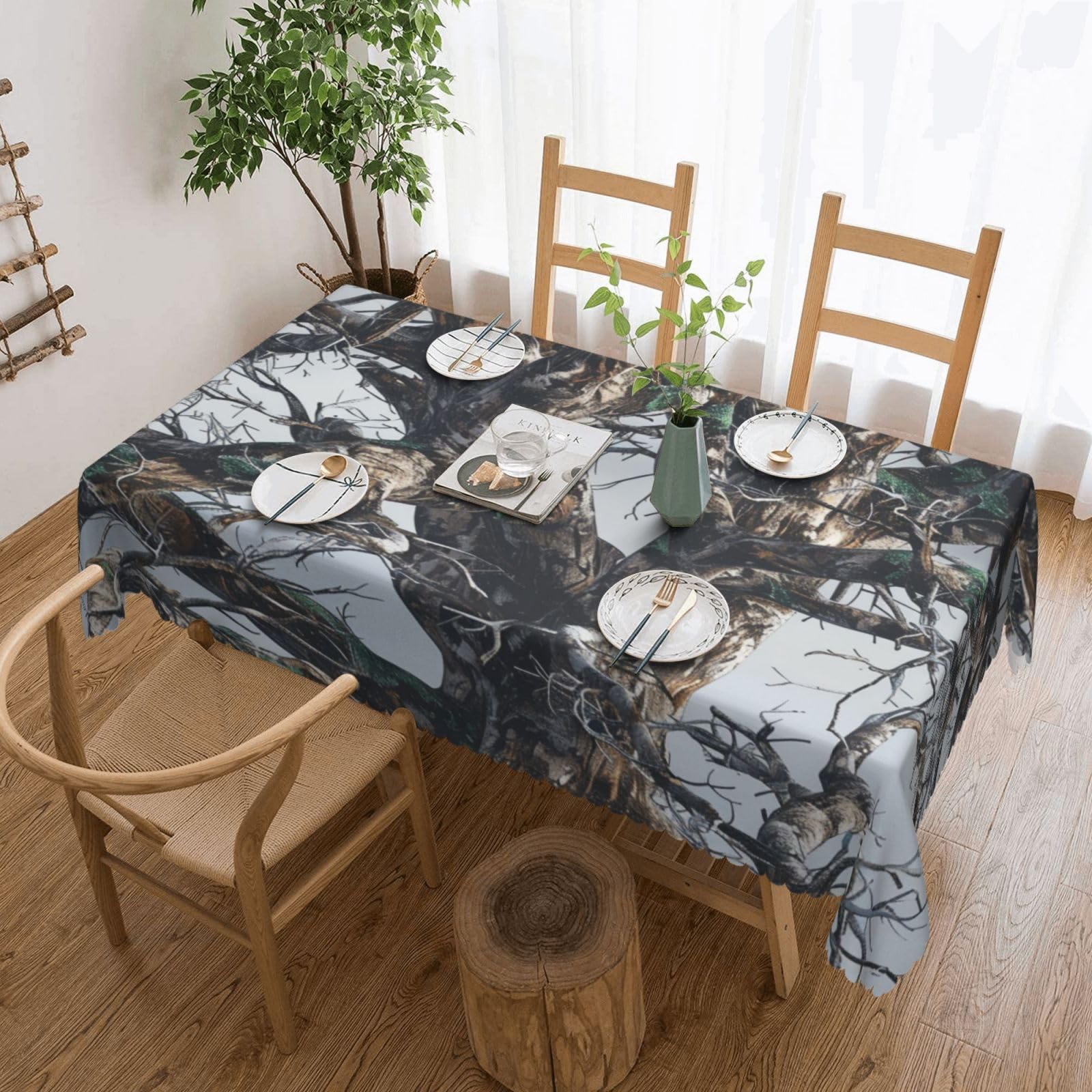 WPKJU Cold Tree Camouflage Printed Rectangle Tablecloth 72x54 Inch with Lace Trim, Water-Resistant Washable Table Cover for Farmhouse Weddings, Outdoor Picnics & Holiday Dining