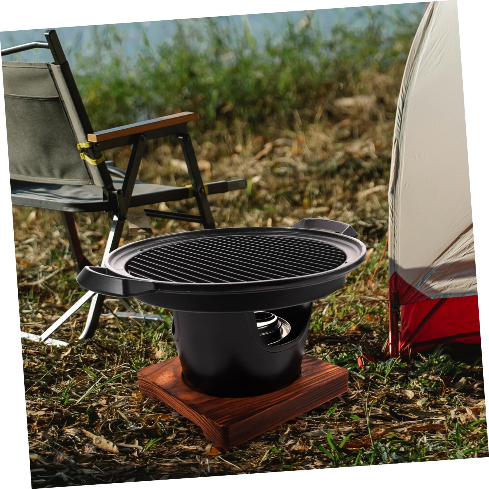 Parrilla Portátil para Barbacoa Mini para 2-3 Personas Negra | Aleación de Aluminio y Madera , Uso en Camping y Hogar , Apta para Maíz y Carne