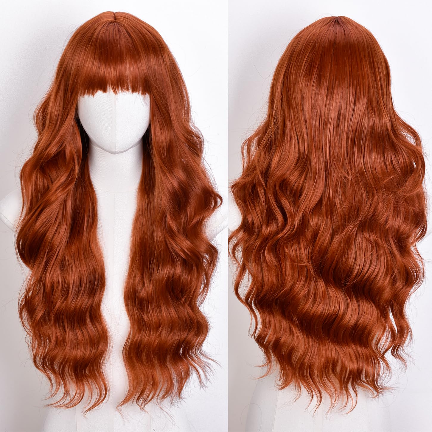 CoCrowns Wig with Bangs Long Wavy Wigs for Women Long Curly Synthetic Wig for Party Daily Use (Ginger), 22.5 inches