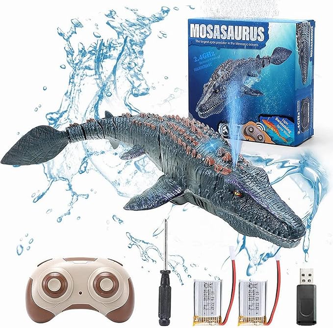 Amazon.co.jp XIAOKEKE リモートコントロール恐竜プールおもちゃ、4～12歳の子供向け、ラジコンモササウルスボートシャークおもちゃ、スプレー水/ライト/バッテリー2個付き