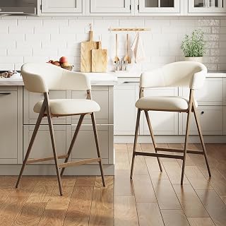 COLAMY Beige Counter Height Bar Stools Set of 2 with Back - Modern Upholstered Kitchen Island Stools, Sturdy Metal Legs