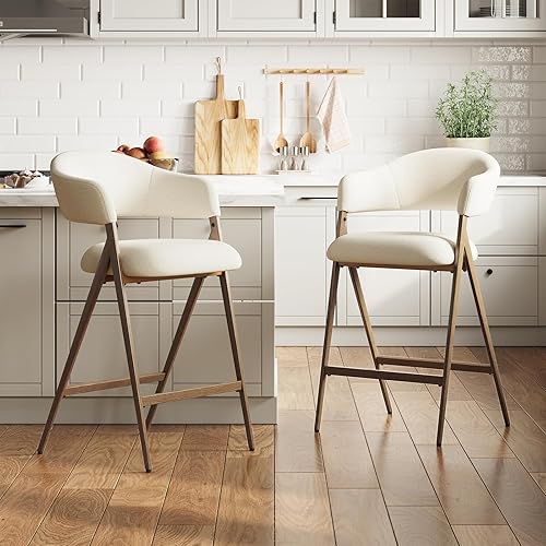 COLAMY Juego de 2 taburetes de bar con respaldo, modernos taburetes tapizados con patas de metal para encimera de cocina, comedor, beige