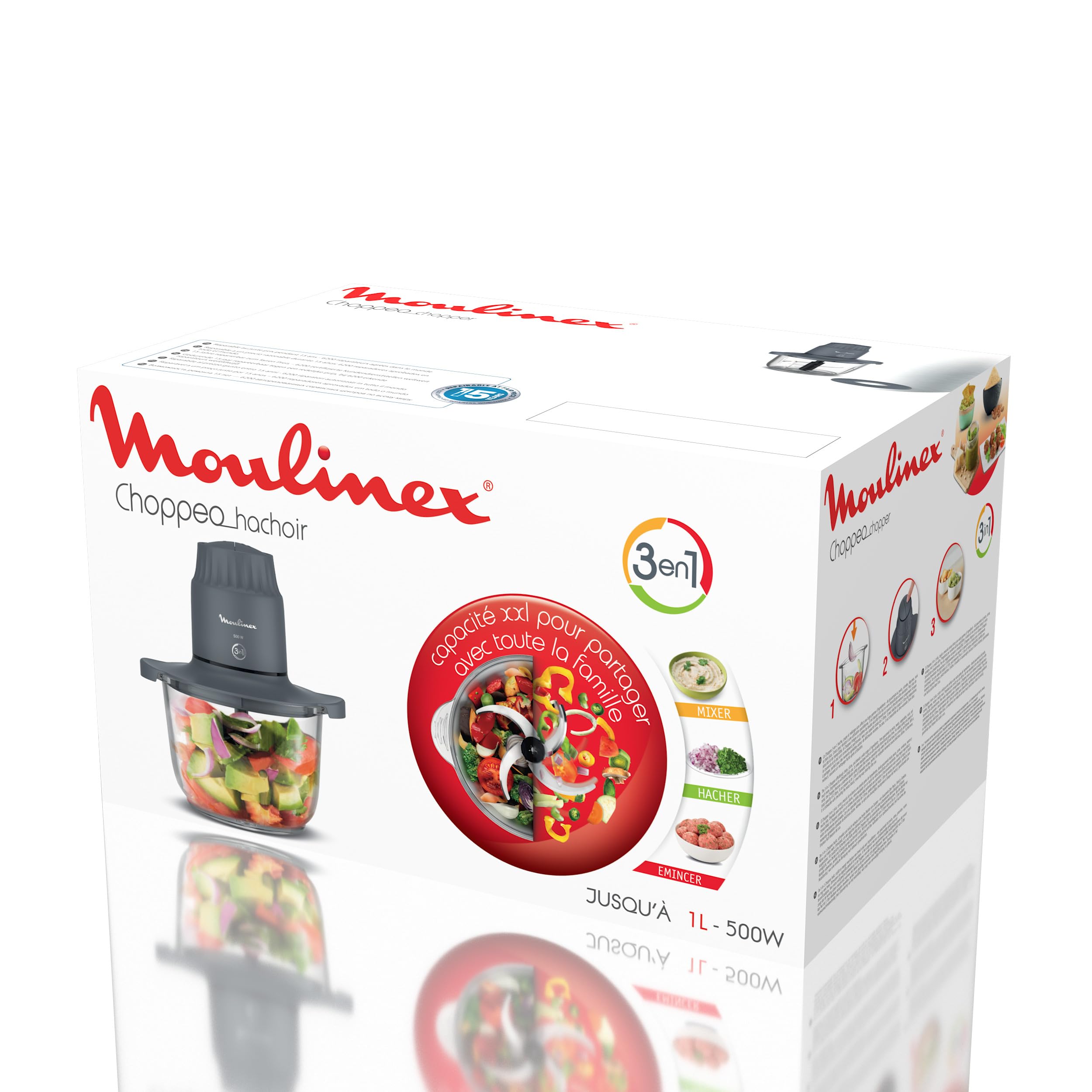 Moulinex Choppeo, Hachoir avec bol en verre, Capacité utile de 1L, Verre borosilicate, 2vitesses, Java Pepper DJ602110