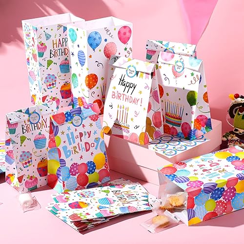 Miniatura 4 de 24 bolsas de regalo de cumpleaños con calcomanías de sello, bolsas de regalo para fiestas para dulces y suministros