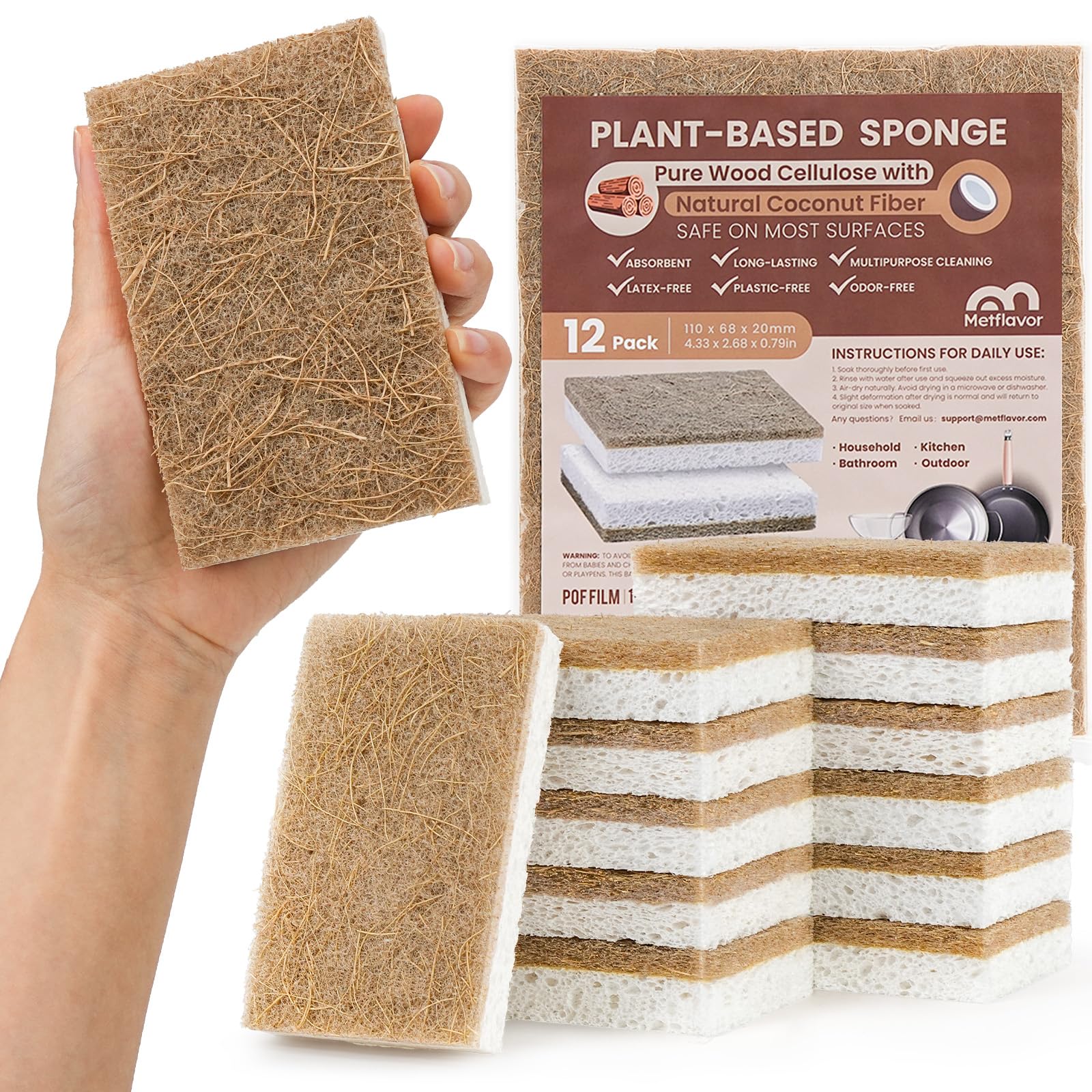Photo 1 of **Only 10** Metflavor 12 Pack Plant-Based Kitchen Sponges, Biodegradable Non-Scratch Cellulose Sponge with Coconut Walnut Scrubber, Eco-Friendly Odor Free Sponges for Dishes, Pots, Countertops - Sustainable
