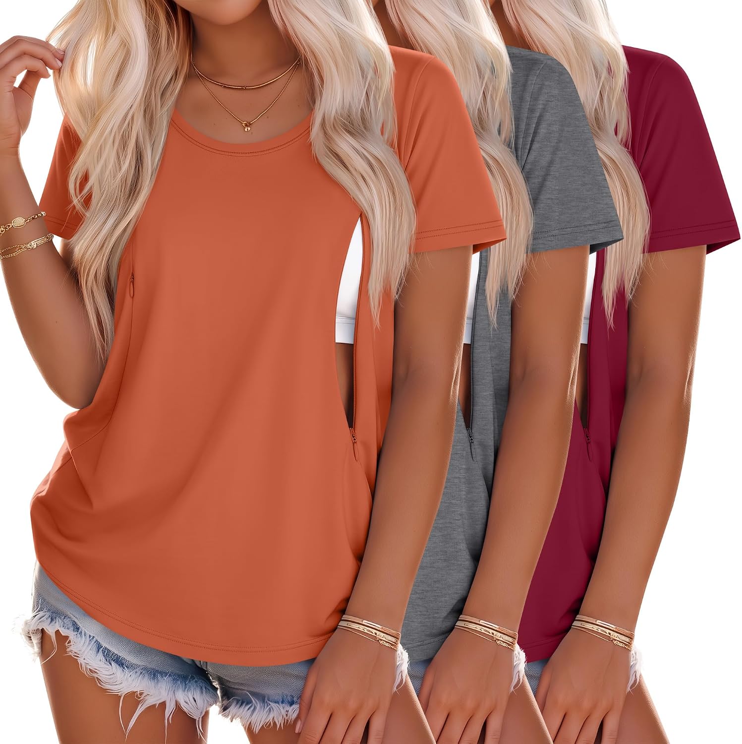 3 Pack Women's Nursing T Shirts Breastfeeding Hidden Zipper Short Sleeve Tops Crew Neck Casual Maternity Tees