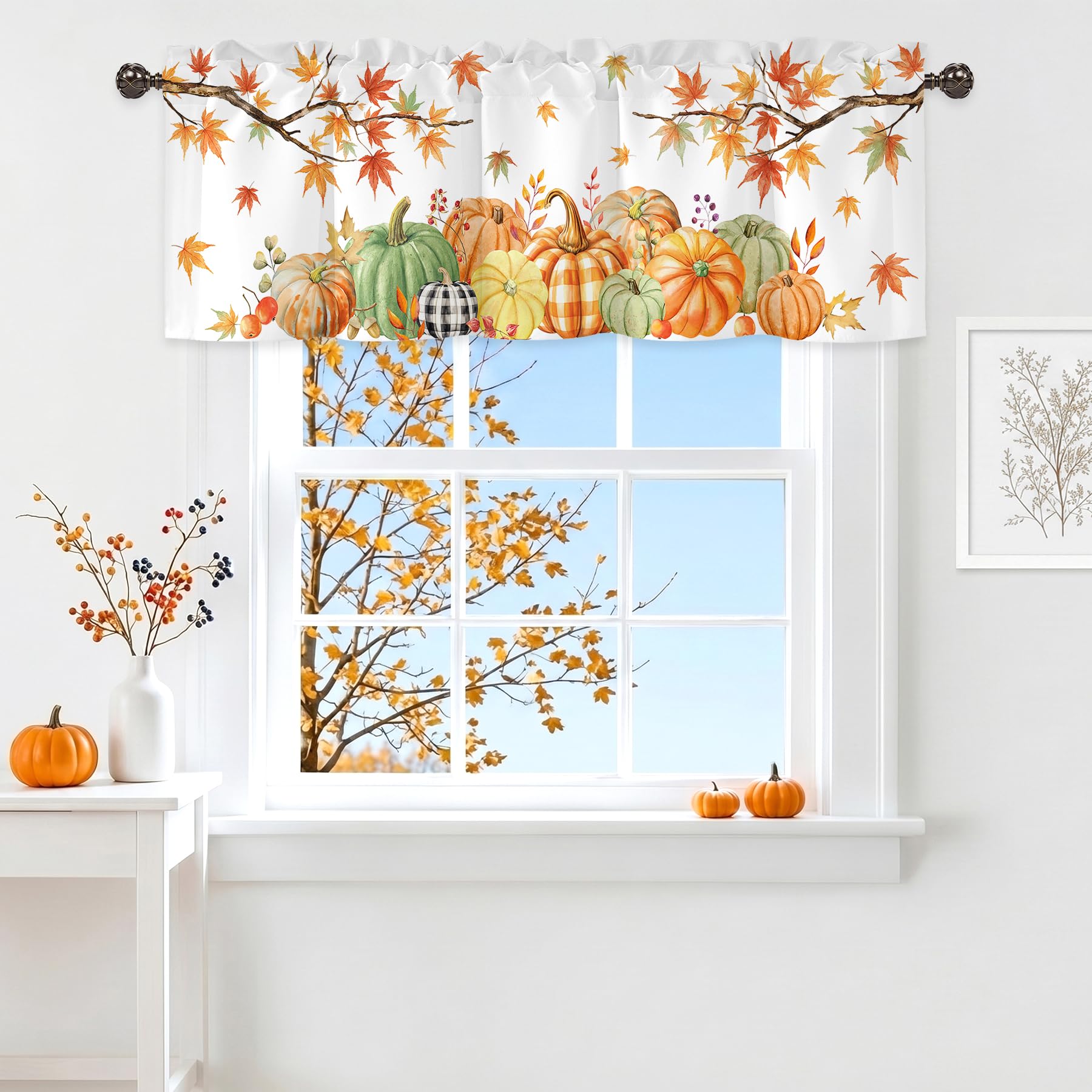 Fall Thanksgiving Valance for Windows,Window Treatment Curtains Rod Pocket Sheer Small Short Valance for Kitchen Bathroom Laundry Basement,42Wx12L inch,Autumn Pumpkin Maple Leaves