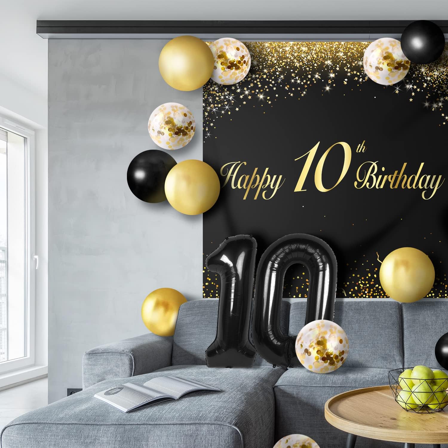 Happy 10th Birthday Balloons Black Set Decor - Cheers to 10 Years Old Party Theme Garland Banner Backdrop Decorations For Boy and Girl Supplies