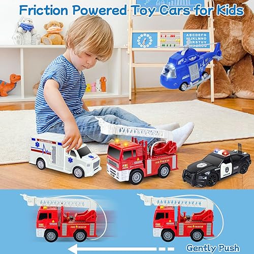 Miniatura 3 de Camión de bomberos, ambulancia, helicóptero y vehículos de policía, juego de juguetes de 4 unidades de vehículos de fricción con luces y sonidos,