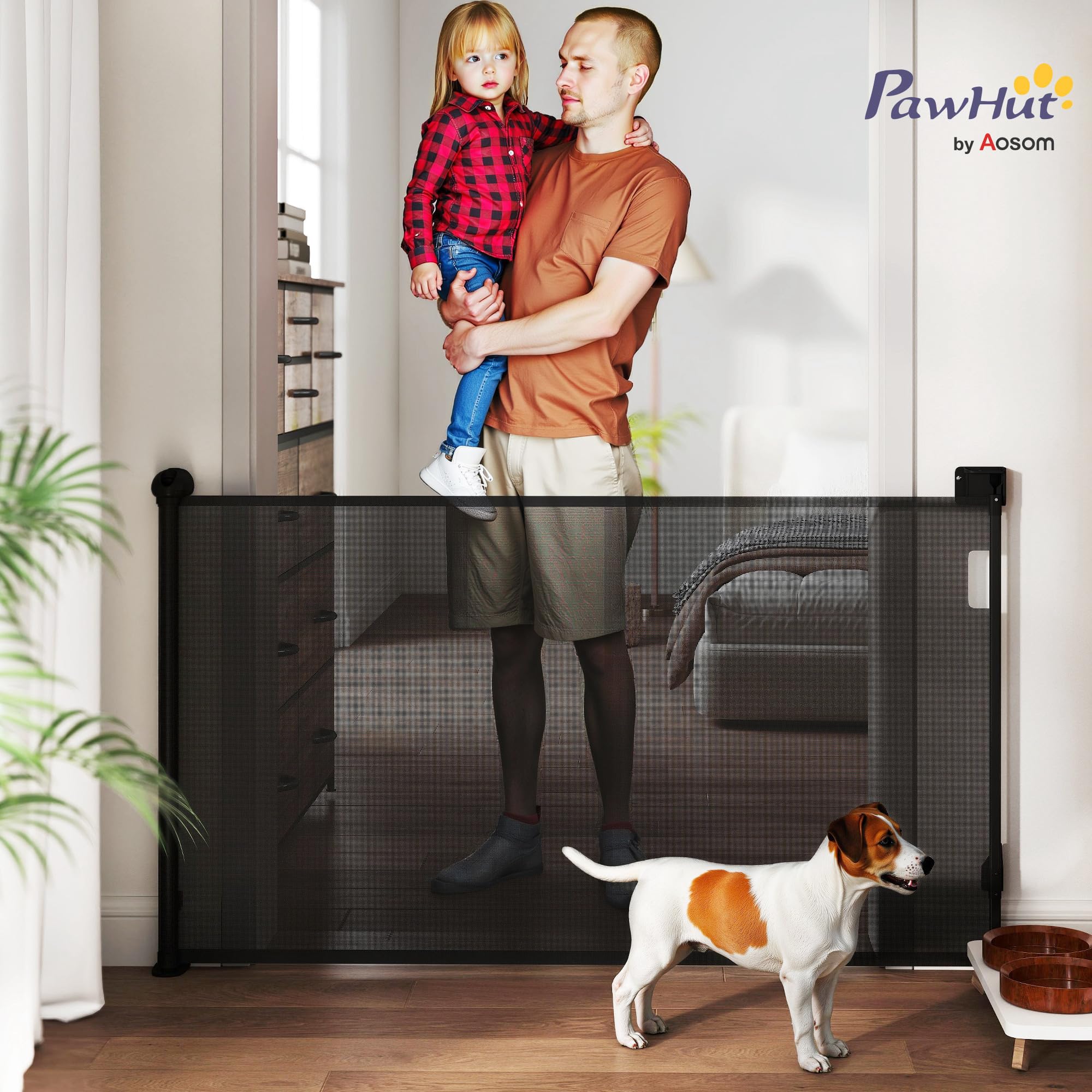 PawHut Barrera para Perros Retráctil 0-125 cm Puerta para Perros Pequeños Extensible Barrera de Seguridad para Mascotas con Interruptor de Cierre para Escaleras Puertas Pasillos Negro