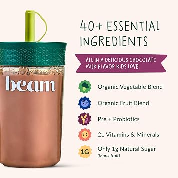BEAM Kids Multivitamin Powder Kids Vitamins with Greens, Probiotic & Prebiotic, Immune Support for Children & Toddlers, No Artificial Sweeteners, for Picky Eaters, 20 Servings, Chocolate Flavor