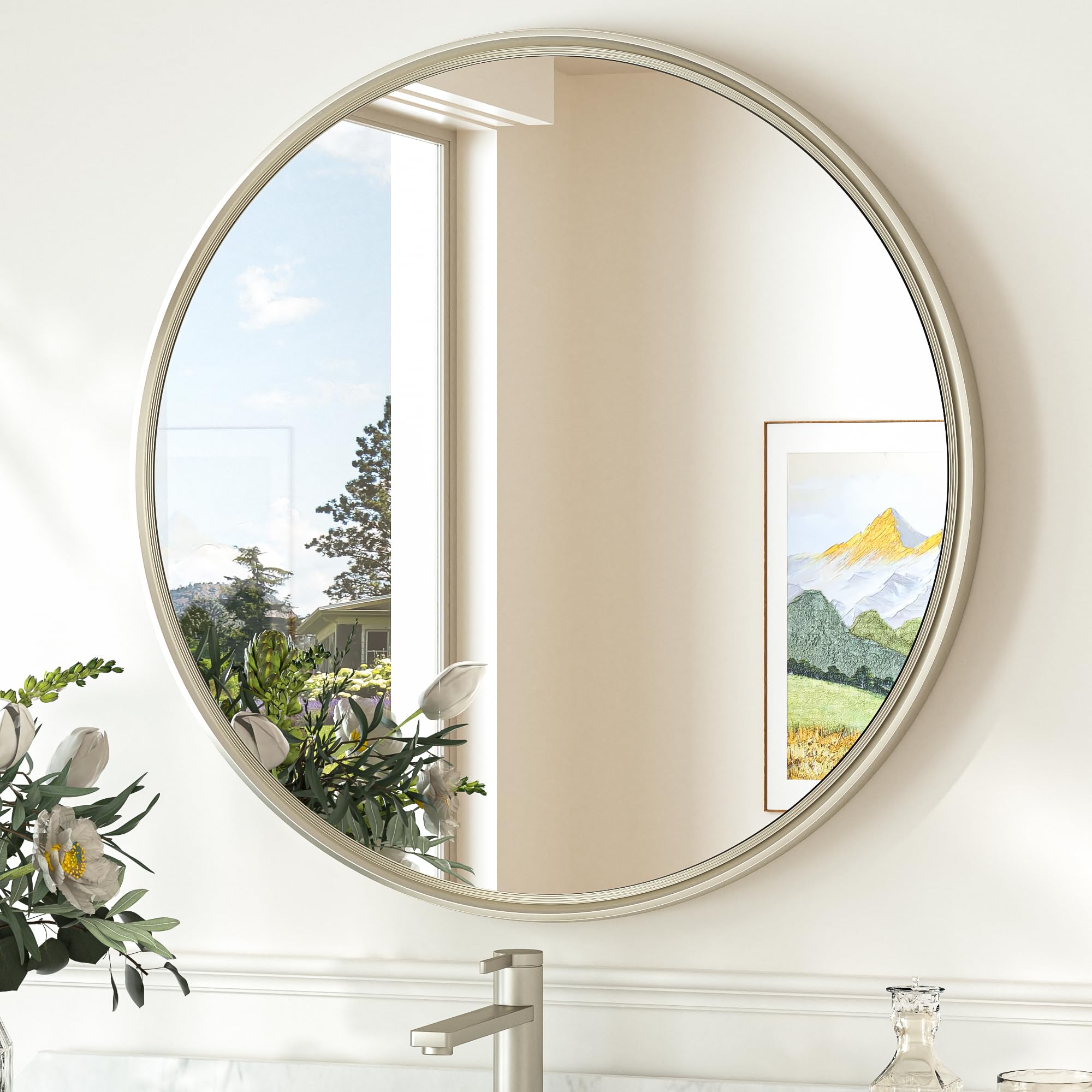 TokeShimi 16 in Round Bathroom Vanity Mirror Framed Brushed Nickel Bathroom Mirror for Wall Farmhouse, 16x16 Shatterproof Circle Bathroom Mirrored for Living Room, Bedroom, Entryway, Restroom